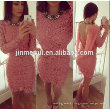 2014 New Arrival Sexy Coral Color Sheath Long Sleeves Short Mini Lace Backless Girls Cheap Cocktail Dress Free Shipping JCD016